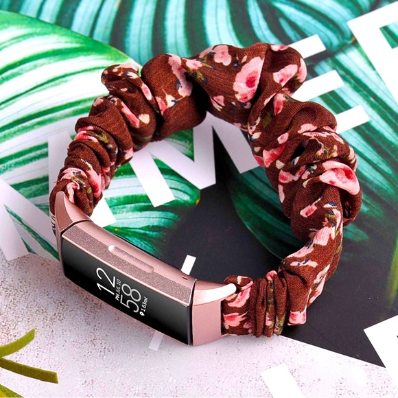 Soft Scrunchie Wristband for Fitbit Charge 3 & 4 - Brown/Rose Floral (Small) - Picture 2 of 3